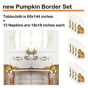 12 Napkins + Autumn Medley / Pumpkin Border 60"x144" Thanksgiving Tablecloth